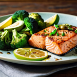 **  A vibrant plate showcasing a low-carb meal: grilled salmon with broccoli, avocado slices, and a drizzle of olive oil. Focus on fresh, colorful ingredients.

**