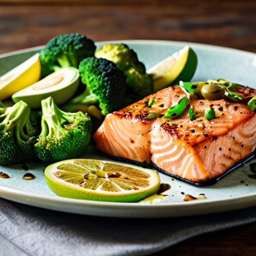 **  A vibrant plate showcasing a low-carb meal: grilled salmon with broccoli, avocado slices, and a drizzle of olive oil. Focus on fresh, colorful ingredients.

**