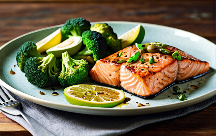 **  A vibrant plate showcasing a low-carb meal: grilled salmon with broccoli, avocado slices, and a drizzle of olive oil. Focus on fresh, colorful ingredients.

**