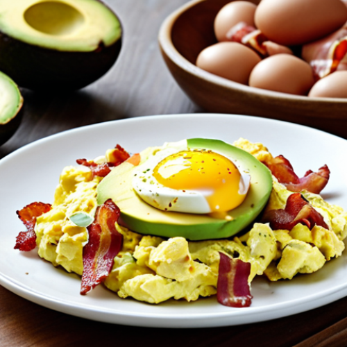 **Breakfast scene on a low-carb diet:** A plate of scrambled eggs with bacon and avocado, styled as a bright and appetizing photo for a Polish food blog. Focus on fresh ingredients and a clean, modern aesthetic.