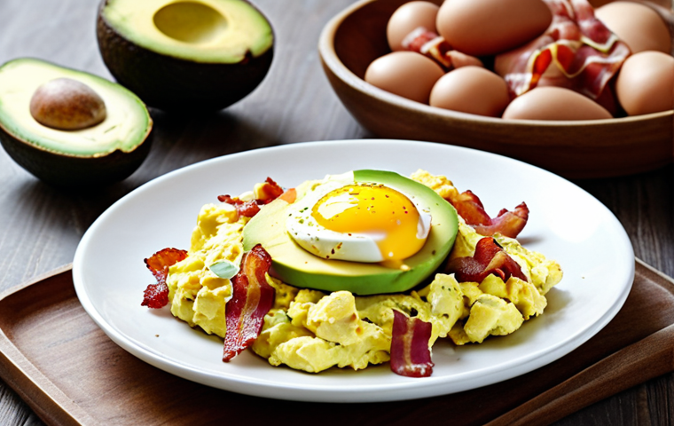 **Breakfast scene on a low-carb diet:** A plate of scrambled eggs with bacon and avocado, styled as a bright and appetizing photo for a Polish food blog. Focus on fresh ingredients and a clean, modern aesthetic.