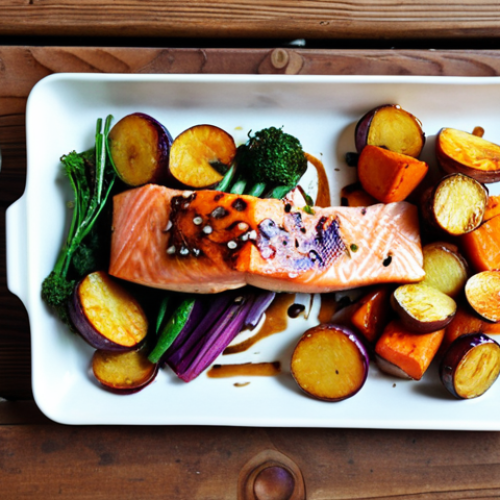 **Image Prompt:** A vibrant and appetizing low-carb meal featuring grilled salmon with colorful roasted root vegetables and a garlic sauce drizzle, arranged on a rustic wooden table. The scene emphasizes healthy eating and delicious flavors, conveying the idea of enjoying a satisfying low-carb diet.