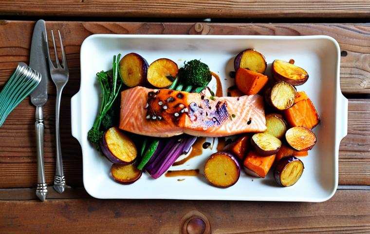 **Image Prompt:** A vibrant and appetizing low-carb meal featuring grilled salmon with colorful roasted root vegetables and a garlic sauce drizzle, arranged on a rustic wooden table. The scene emphasizes healthy eating and delicious flavors, conveying the idea of enjoying a satisfying low-carb diet.
